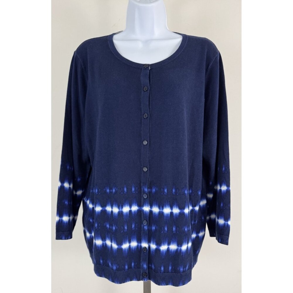TALBOTS Navy Blue Button Front Cardigan With Tie Dye Detail 3/4 Sleeve Sz XL NWT